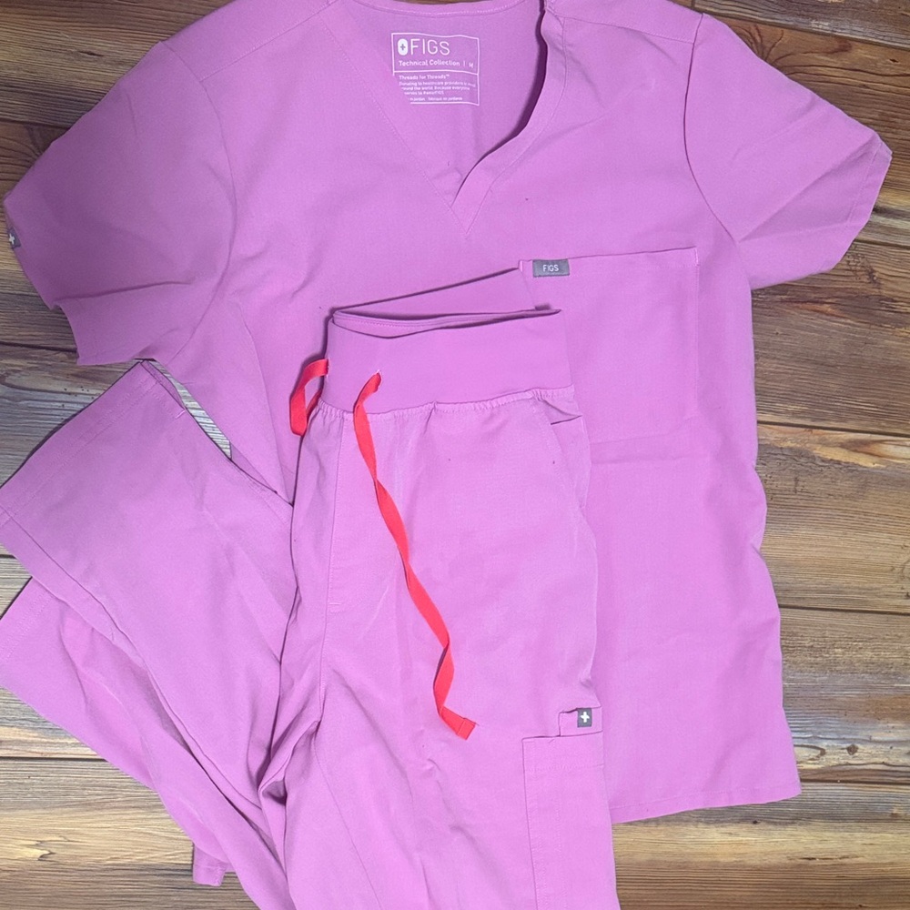 Figs Women's Scrub Set in Light Pink with Red Drawstring
